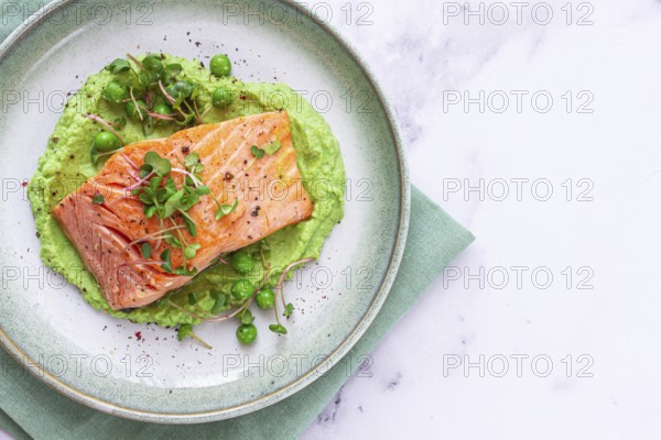 Delicious grilled salmon is placed elegantly on creamy green pea puree. Fresh microgreens and peas