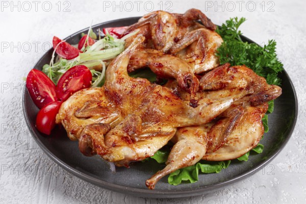 Baked quail, served on a plate with crispy lettuce leaves, fresh tomatoes and herbs, on a dark