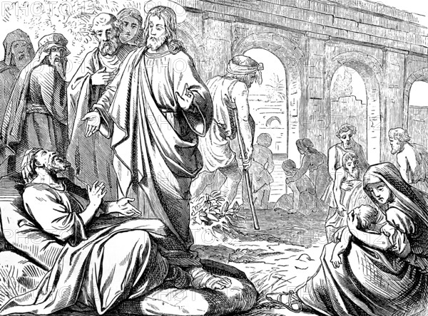 The healing at the pool of Bethesda, Jesus speaks, get up, take up your bed and go to the water,