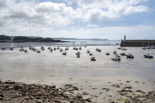 Numerous smaller fishing boats and motorboats lie in the shallow harbor basin on wet, muddy sand at