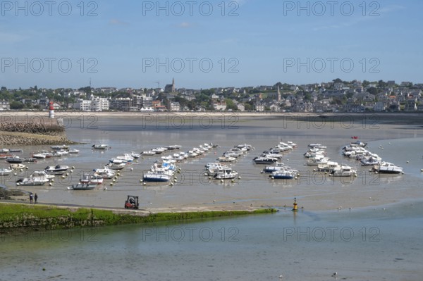 At low tide (low tide), a large collection of small motorboats lies neatly in rows on the moist