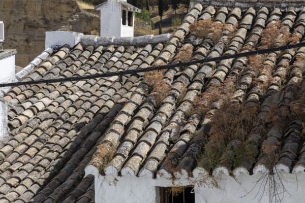 On the road to the white villages. Beautiful roofs of the historic old town in Setenil de las