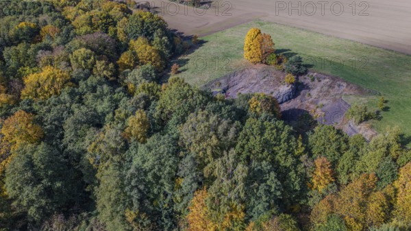 The scene shows an autumnal landscape with colorful foliage. An extinct volcano is surrounded by