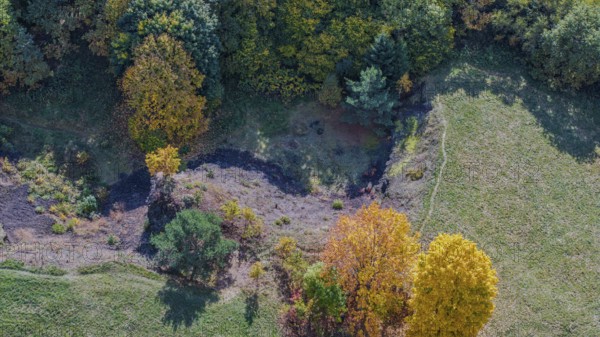 In a rural area, the scenery shows colorful autumn trees near an extinct volcano. The colors vary