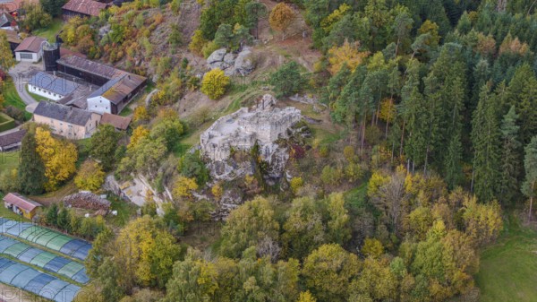 An old castle ruin stands in the middle of the autumn forest, surrounded by colorful trees of