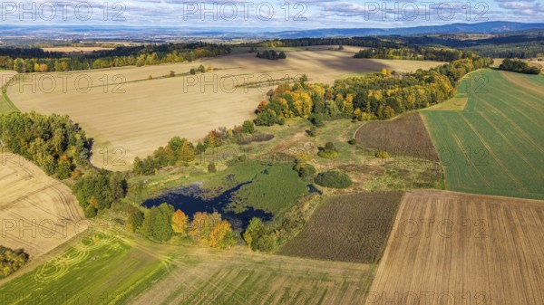 Colourful autumn colors characterize the rural scene with a small pond surrounded by meadows and