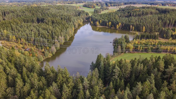 A picturesque forest lake is surrounded by tall, green trees. The autumn colors are reflected in
