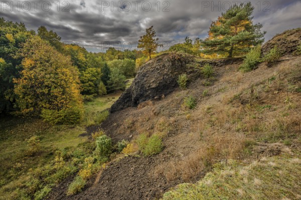 The scene shows a varied autumn landscape with colorful trees. The sky is cloudy and makes the