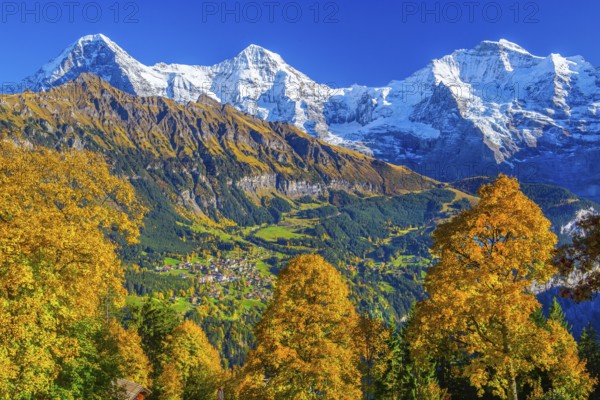 Autumn landscape in the hamlet of Sulwald with views of Wengen and Eiger 3967m, Mönch 4110m and