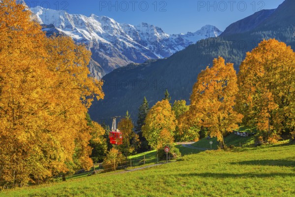 Autumn landscape with cable car to the hamlet of Sulwald, Isenfluh, Lauterbrunnental, Bernese