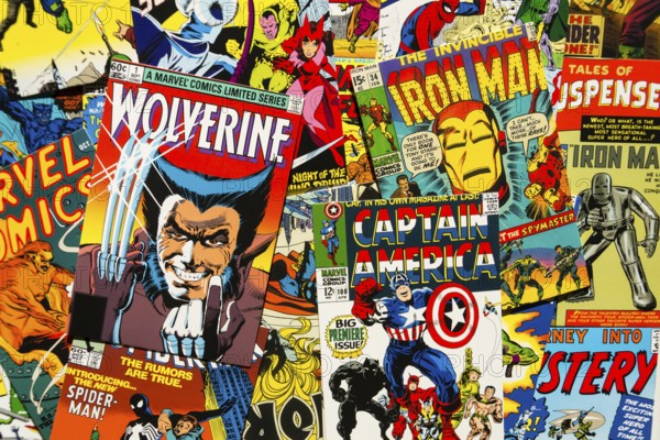 PRAGUE, CZECH REPUBLIC - JANUARY 29: Colorful vintage comic magazine covers top view flat lay
