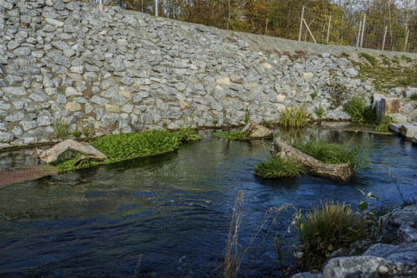 A calm stream with clear water flows through an area lined with stones. Green plants and pieces of