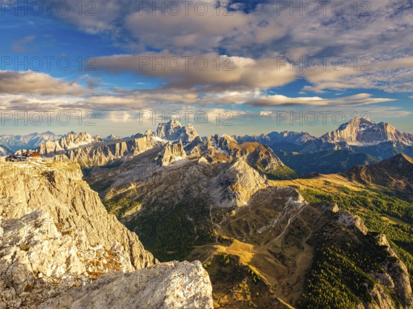 Rifugio Lagazuoi and rugged Dolomite peaks, in the middle of Monte Pelmo, Civetta on the right,
