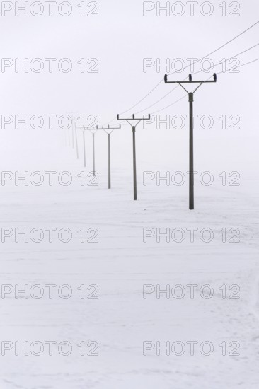 Electricity pylons from distribution power station disappearing in deep fog, winter freezing