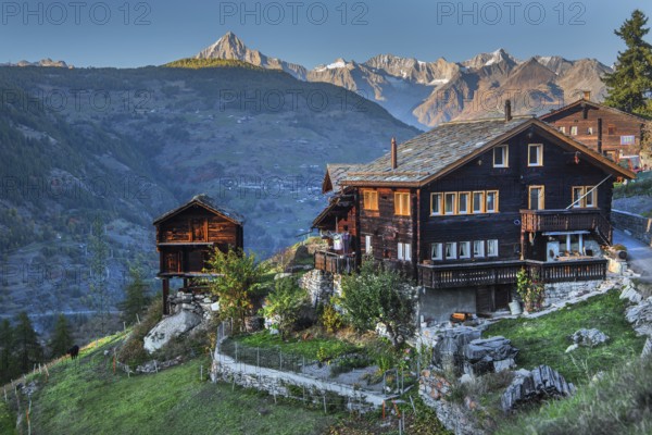 Mountain farm on the outskirts of the village above the valley, Grächen, Mattertal, Valais,