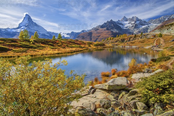 Leisee below the Sunnegga with Matterhorn 4478m and Zinalrothorn 4221m in autumn, Zermatt,