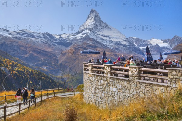 Sun terrace at mountain house on the Sunnegga with Matterhorn 4478 m, Zermatt, Mattertal, Valais,
