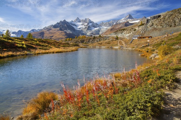 Leisee below the Sunnegga with Zinalrothorn 4221m in autumn, Zermatt, Mattertal, Valais,
