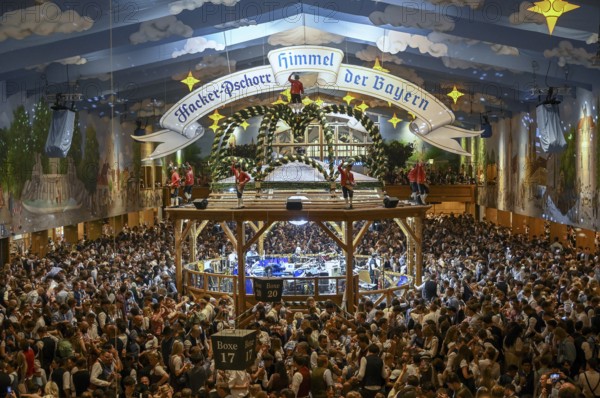 Hacker-Pschorr festival tent, Bavarian sky, interior view, Oktoberfest, Munich, Bavaria, Germany