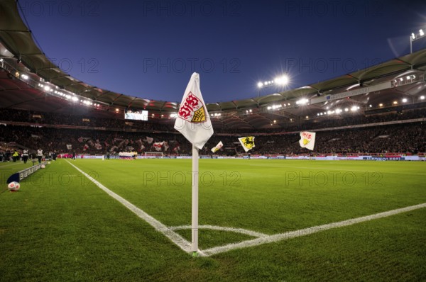 Overview, total, corner flag, logo, VfB Stuttgart, evening game, blue hour, floodlight, MHPArena,
