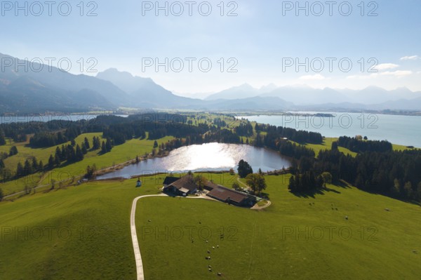 Large-scale view of hilly, wooded landscape with Hegratsried Lake and mountains, farm, near Füssen,