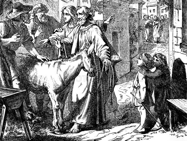 The Lord needs him, a disciple buys a foal for Jesus at the market near Bathania, Gospel of Luke,