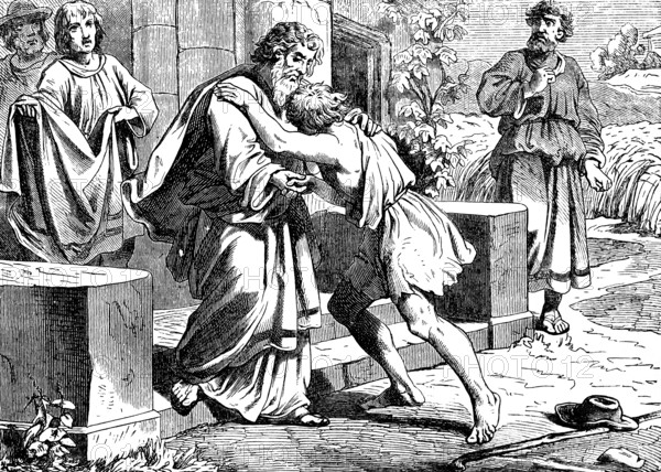 Return of the prodigal son and his father recording, Gospel of Luke, chapter 15, embrace,