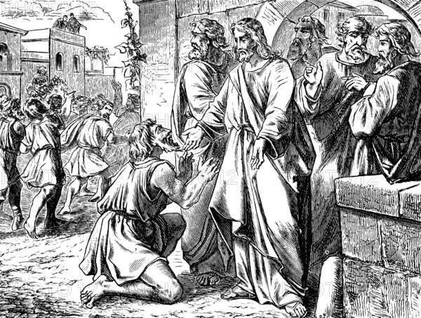 The grateful Samaritan, market in Galilee, Gospel of Luke, chapter 17, lepers, have mercy on us,