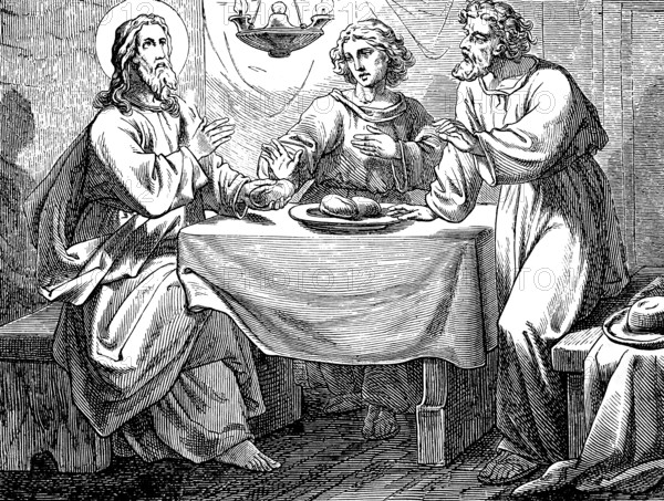 The Risen One is recognized when breaking bread, Gospel of Luke, chapter 24, room, oil lamp, table,