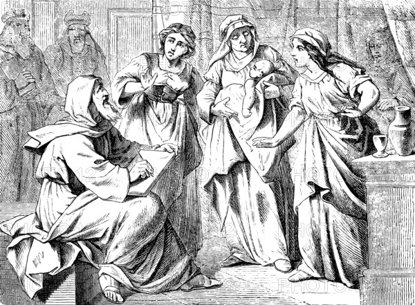 Zacharias wrote and spoke his name is John, Gospel of Luke, chapter 1, Elizabeth with baby, scribe,