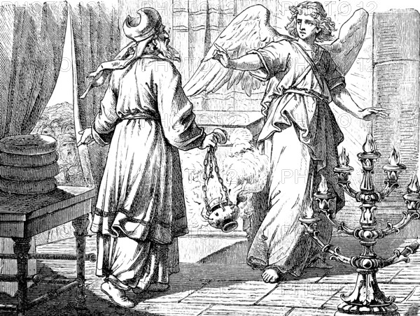 An angel announces the birth of John the Baptist to the pious priest Zacharias, Gospel of Luke,