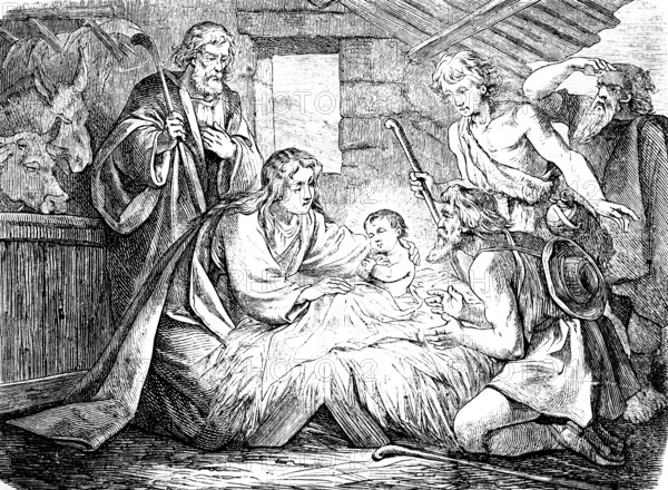 The visit of the shepherds to Bethlehem, birth of Jesus, glory to God in the highest and peace on
