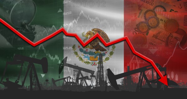 Fall oil price with flag of Mexico on economic chart, Petrol crisis with Mexico flag on financial