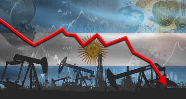 Fall oil price with flag of Argentina on economic chart, Petrol crisis with Argentina flag on