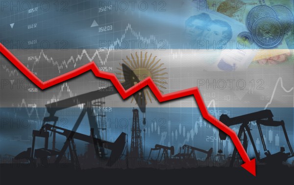 Petroleum crisis with Argentina flag on financial graph. Fall oil price with flag of Argentina on