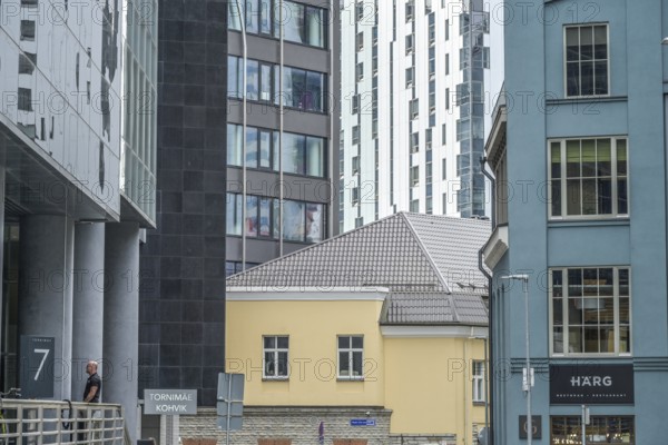 Modern office buildings, high-rise buildings, small old building, Maakri-Kvartal business district,