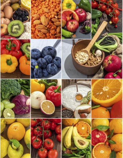 Food collage of various biological and organic fruits and vegetables, fresh healthy lifestyle, with