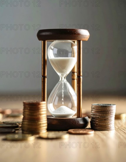 Hourglass and stacked golden coins, illustrating currency fluctuation and time impact commodities