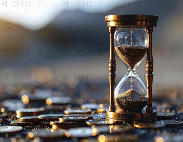 Hourglass and stacked golden coins, illustrating currency fluctuation and time impact commodities