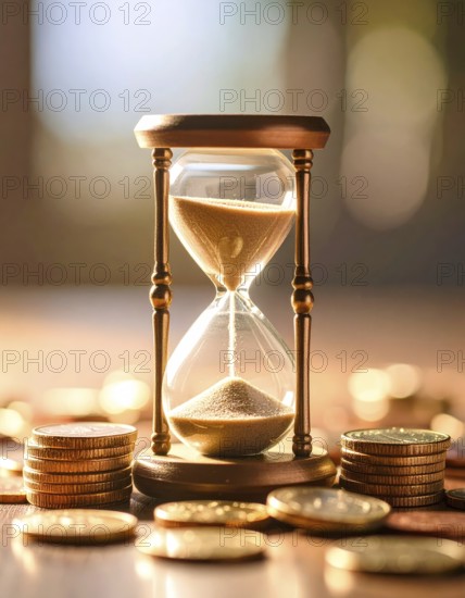 Hourglass and stacked golden coins, illustrating currency fluctuation and time impact commodities