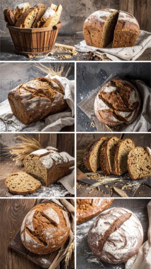Collage of rustic loaf of whole grain bread, bread on dark rustic wooden table, great variety of