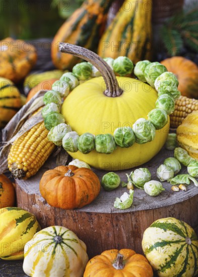 Colourful autumn still life with yellow squash decorated with a wreath of fresh Brussels sprouts
