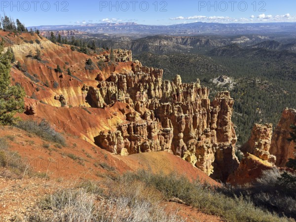 Majestic red rock formations stretch across the valley with breathtaking views, Bryce Canyon