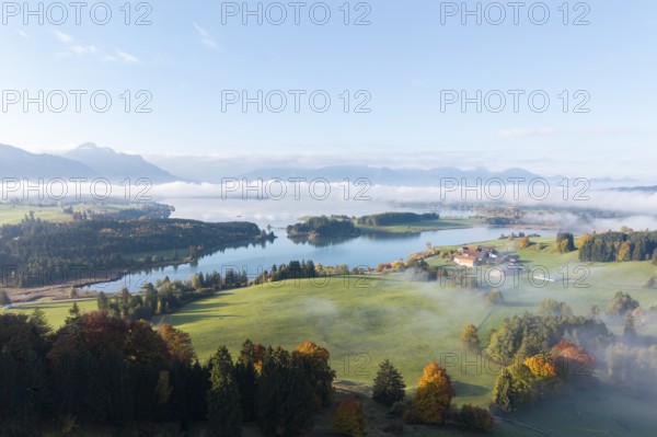 A vast landscape with the Forggenssee, surrounded by autumnal forests, near Roßhaupten, Ostallgäu,
