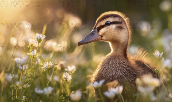 A duckling is sitting in a field of flowers. The duckling is small and brown, and it is surrounded