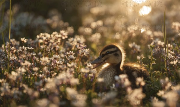 A duckling is sitting in a field of flowers. The scene is peaceful and serene, with the duckling