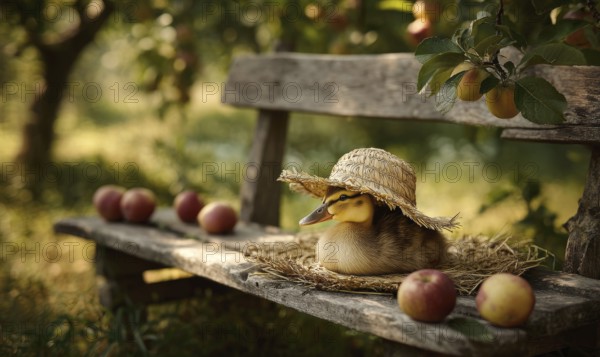 A duck wearing a straw hat is sitting on a bench with apples. The scene is peaceful and serene,