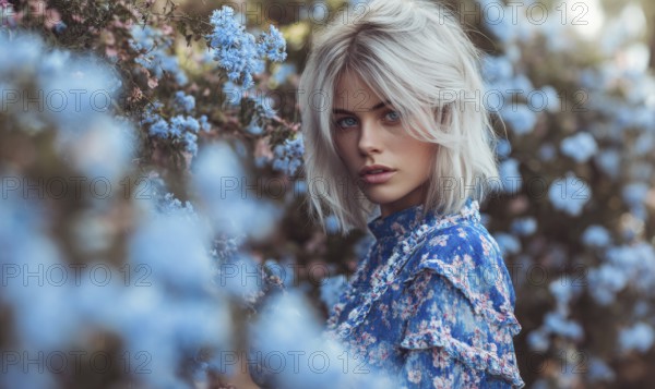 A woman is standing in a field of blue flowers. She is wearing a blue dress with floral patterns.