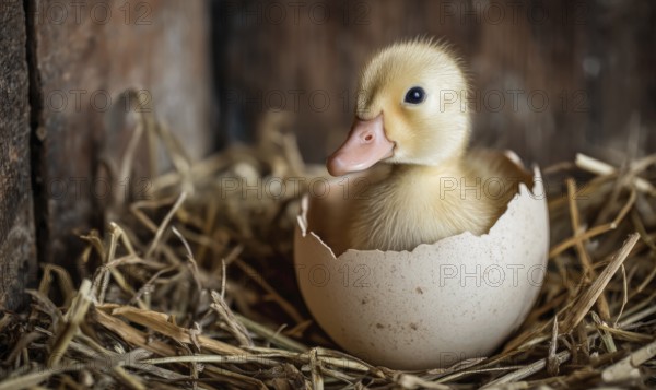 A baby duck is sitting in an eggshell. Concept of new life and growth, as the duck is just