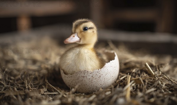 A baby duck is sitting in an eggshell. Concept of new life and growth, as the duck is just